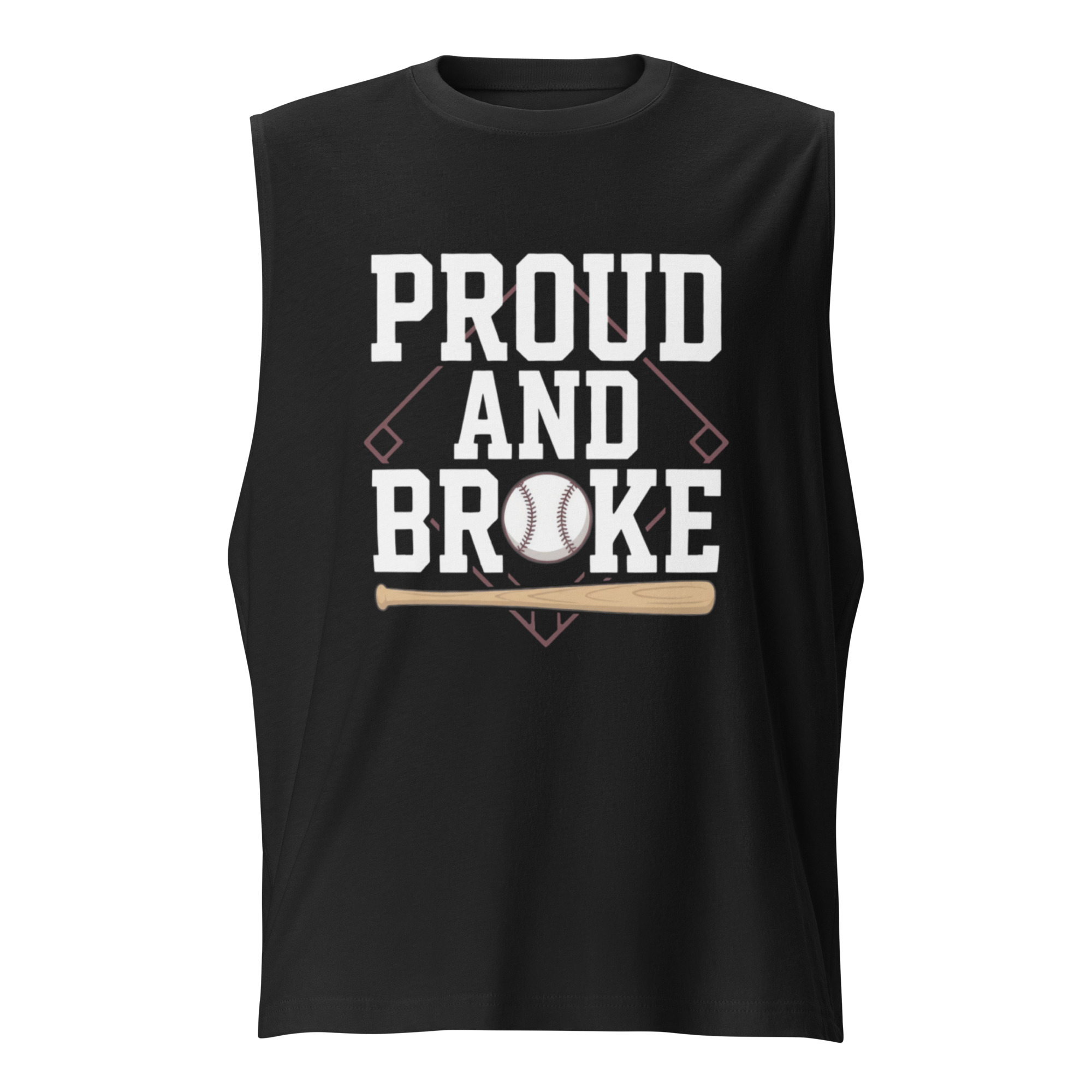 Black Proud and Broke baseball muscle tank, front product mockup